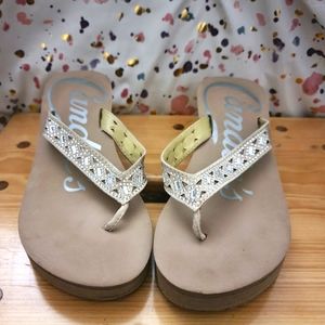 Candies wedge tan flip flops with rhinestones